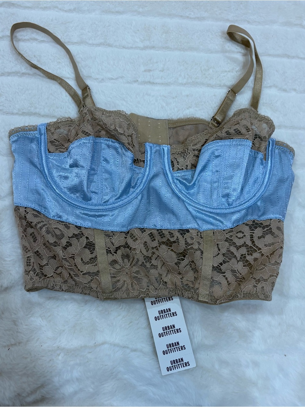 Urban Outfitters Blue and Beige Lace-Trim Longline Bralette
